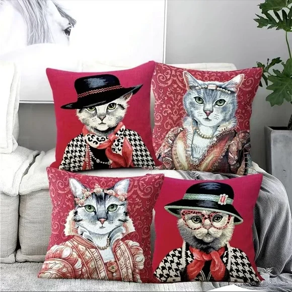 Set Of 4 Adorable Lady Cat Pattern‎ Throw Pillow Covers  17.7/45cm x 17.7/45cm - Picture 5 of 12